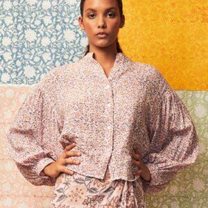 HANNAH ARTWEAR Block Print Floral Sybil Shirt Double Gauze 100% Cotton MED